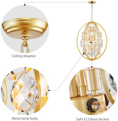 WUZUPS Globe Crystal Chandelier Raindrop Pendant Flushmount Ceiling Light Modern Lighting Fixture for Bedroom Hallway Bar Kitchen Bathroom, H 23.6" x W 19.7", Gold, 8 E12 Base - Image 3