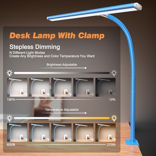 Airlonv LED Desk Lamp with Clamp, 17" Stepless Dimming Light, Blue - Image 2