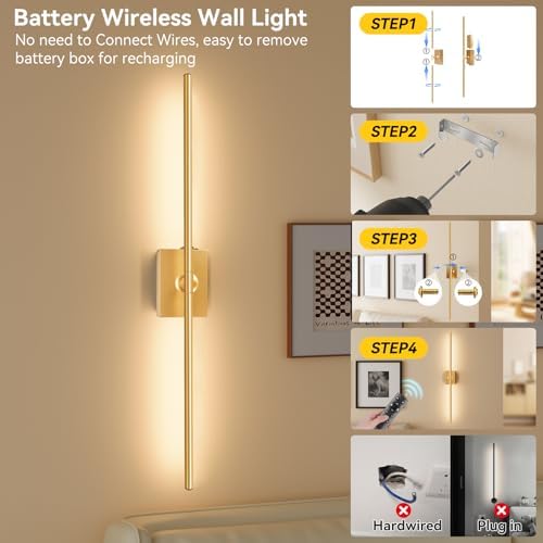 Battery Operated Wall Sconces Set of 2, Remote Control, 10000mAh, Gold - Image 4