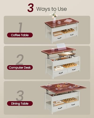 VASAGLE Lift Top Coffee Table, 3 in 1 Center Table with Storage, 2 Drawers - Image 4