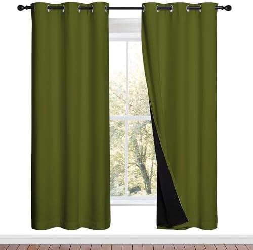 NICETOWN Olive Green Full Shade Curtain Panels, 37" Wide x 70" Long, Olive Green, Pair of Thermal Insulated & Energy Efficiency Blackout Drapes for Living Room, Lined Silky Performance Window Dressing by NICETOWN