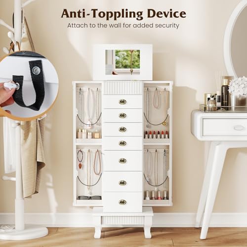 DREAMADE Jewelry Armoire, Standing Jewelry Box w/Mirror & 7 Drawers, White - Image 6