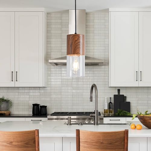 2-Pack Modern Pendant Lights for Kitchen Island, Adjustable Pendant Light Fixtures with Brown Wood Grain, Industrial Clear Glass Pendant Lights for Dining Table Hallway Bedroom Living Room - Image 7