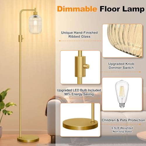 【Upgraded】 Dimmable Floor Lamp for Living Room with Clear Ribbed Glass Lampshade, Gold Modern Floor Lamp with 900LM LED Bulb Included, Arc Standing Tall Lamp for Bedroom, Office, Reading Room, Corner - Image 4