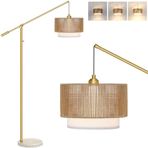 【Upgraded】Boho Dimmable Floor Lamp with Adjustable Swing Arm, 1100 Lumens Bulb Included, Modern Standing Lamp with Rattan & Fabric Shades, Tall Arc Floor Lamp for Living Room Bedroom, Gold, Heavy Base by Yemela