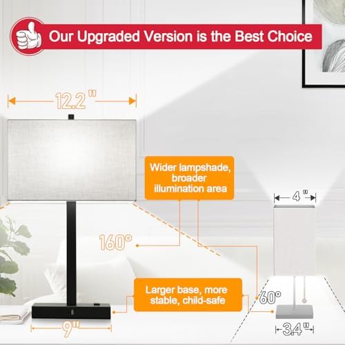 21" Touch Bedside lamps with 2 USB & AC Outlets, 3-Way Dimmable Bedside Table Lamps Set of 2 for Bedroom Living Room Office Reading, Gray Shade Lamps for Night Stands, 5000K LED Bulbs Included - Image 3