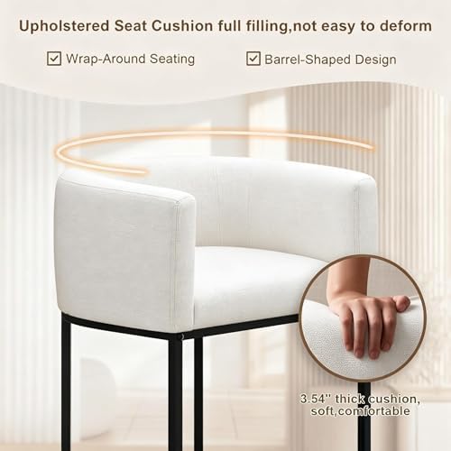 26" H Counter Height Bar Stools Set of 2, Modern Barrel Counter Stools with Backrest and Arms, Linen Fabric Upholstered Accent Barstools for Kitchen Island,Support 450 LBS (White) - Image 3
