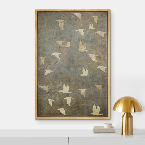 NWT Framed Canvas Print Wall Art Grunge Gold Flying Bird Collage Nature Wilderness Illustrations Modern Art Decorative Landscape Rustic Colorful for Living Room, Bedroom, Office - 16"x24" Natural - Image 2