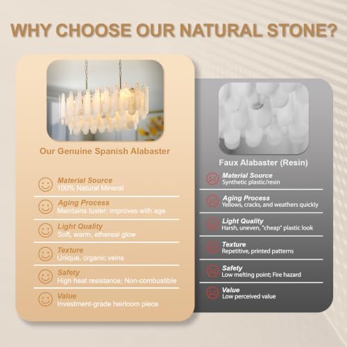 Chandeliers for Dining Room, L47.2 in Modern Alabaster Rectangle Brass Chandelier, 4-Tiers Luxury Natural Stone Ceiling Light Fixture, White Marble Chandeliers for Kitchen Island Living Room Bedroom - Image 6