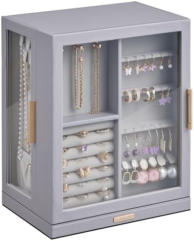 Glimmloop 360° Rotating Jewelry Box with 5 Drawers, Spacious Vertical Jewelry Organizer with Glass Window, Jewelry Storage Case, Dustproof & Moisture-resistant Design, Grey by Glimmloop
