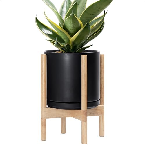 D'vine Dev Ceramic Pot with Natural Wood Stand, Black, 10 in, 55-B-K-2 by DvineDevPlanterPotsandStand