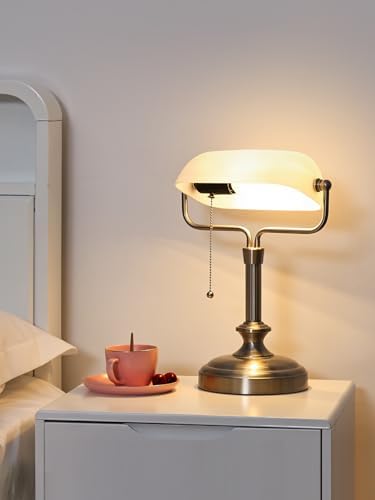Traditional Banker's Desk Lamp with Glass Shade,Pull Chain Switch, LED Bulb Included (Satin Nickle+White) - Image 2