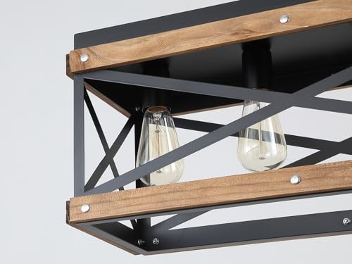 Rustic Farmhouse Wood Kitchen Island Lighting, 4 Lights Rectangular Pendant Light Fixture, Adjustable Chain Oak Wood and Metal Linear Chandelier for Dining Room Kitchen Island Farmhouse, Black - Image 6
