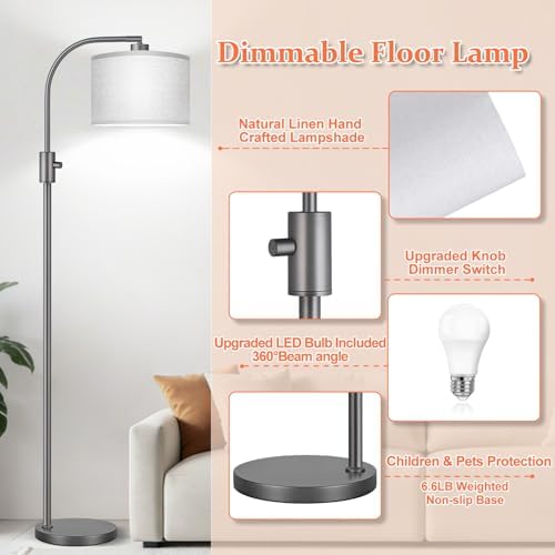 Nintiue Upgraded Modern Arc Dimmable Tall Standing Floor Lamp with Gray Shade, 1200 Lumens LED Bulb Included, for Living & Reading Room, Bedroom, Office & Nursery, Gray - Image 4