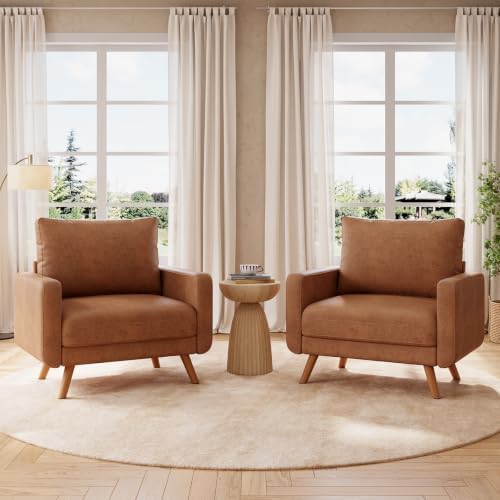 Oversized Accent Chair Set of 2, Mid Century Modern Accent Chairs for Living Room,Living Room Chairs, Bedroom Reading Chair with Widen Arm Rest, Cozy Single Sofa Chair, Camel by Glirun