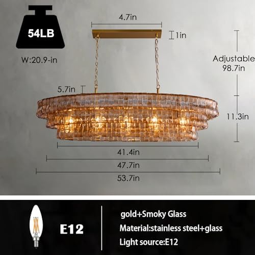 YIOSI Large Chandelier, 54" Gold Rectangular Drum Chandeliers for Dining Room, 5-Light Modern Round Kitchen Island Hanging Light Fixture for Living Room, Kitchen Island, Foyer - Image 3