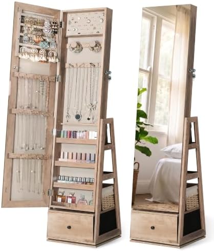 Nicetree 360° Swivel Jewelry Cabinet, Full Length Mirror, Lockable, Oak by Nicetree