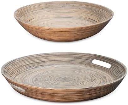 LEXA 2-Piece Handcrafted Bamboo Entertaining Set, 16” Serving Tray with Handles & 14” Salad Bowl, Spun Bamboo Serveware for Hosting, Everyday Dining & Home Décor (Black) by LEXA