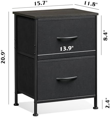 WLIVE Black Nightstand Set of 2, Night Stand with 2 Fabric Drawers, Small Dresser for Bedroom, Bedside Tables for Small Spaces, Dorm, Wood Top - Image 3