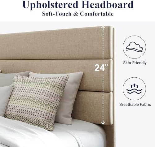 Allewie King Size Platform Bed Frame with Fabric Upholstered Headboard and Wooden Slats Support, Fully Upholstered Mattress Foundation/No Box Spring Needed/Easy Assembly, Beige - Image 4