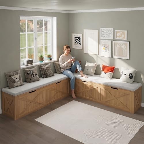 Bobve L-Shape Storage Bench with Cushion, Backless Corner Dining Bench, Kitchen Dining Nook Bench with Hidden Storage for Dining Room, Kitchen, Entryway (Wood+White) - Image 5