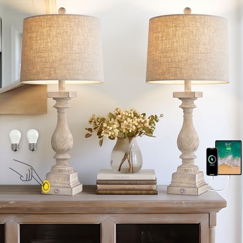BOBOMOMO 27" Farmhouse 3-Way Dimmable Touch Control Table Lamp Set of 2 with USB A &USB C Charging Ports for Bedroom Living Room Vintage Rustic Traditional Nightstand Bedside Lamps (2 Bulbs Included) by BOBOMOMO