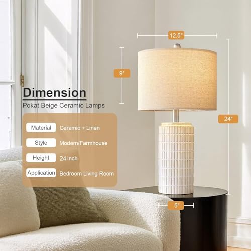 PoKat 24" Modern Ceramic Table Lamps Set of 2 for Bedroom, White Bedside Lamps for Night Stands, Farmhouse Desk Decor Nightstand Table Lamps for Living Room End Table Beige - Image 3