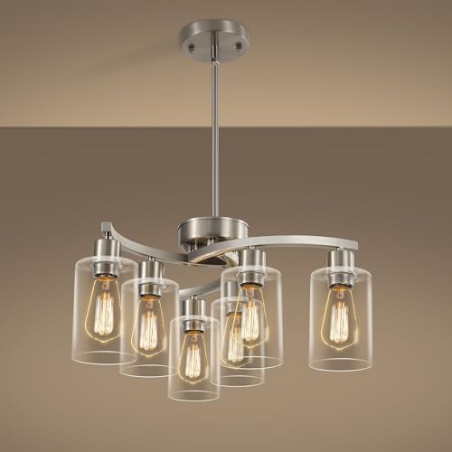 CNRATYE 6-Light Brushed Nickel Chandeliers for Dining Room Light Fixtures Over Table, Adjustable Height Hanging Industrial Pendant Lighting for Kitchen Island Bedroom, Clear Glass Shade by CNRATYE