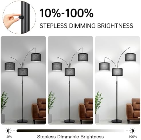 Dimmable Floor Lamp, 3 Lights Black Arc Floor Lamp, Modern Tall Standing Tree Lamp with Black Linen Shades & Heavy Base, 3000LM LED Bulbs, Bright Lighting for Living Room, Bedroom, Office & Reading - Image 3