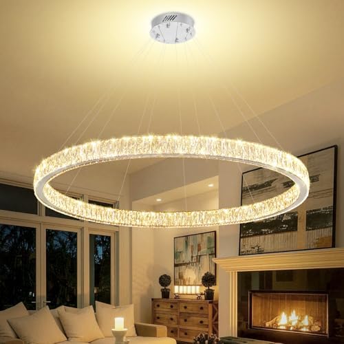 Modern LED Dimmable Crystal Chandelier 47.5" Ring Pendant Light Adjustable Round Chrome Crystal Chandelier for Dining Room Living Room by IDEQUY