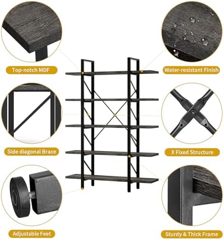 DWVO 5-Tier Bookshelf, 70.9" Tall Bookshelves Vintage BookCases with 5 Shelves Display Storage Shelves for Home Office, Living Room, Charcoal Gray - Image 4