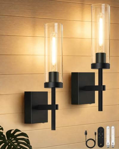 Wireless Battery Operated Wall Sconces with Remote Control, 10000mAh Wall Sconce Set of 2, Black Rechargeable Dimmable Wall Lamps for Bedroom Living Room Bathroom Hallway Stairwell, 3000K by Unknown