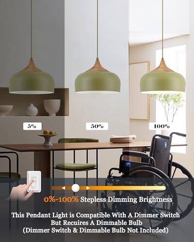 ELYONA Vintage Pendant Light Fixtures with Faux Pine Wood Grain, 12 Inch Adjustable Hanging Light Moss Green Metal Shade, Mid Century Modern Japandi Pendant Lamp for Kitchen Island Dining Room Bedroom - Image 4
