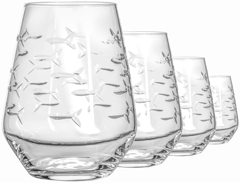 Rolf Glass | School of Fish Stemless Tumbler | Stemless Wine Glasses 18oz | Lead-Free Glass | Engraved and polished in Pennsylvania | US made (Set of 4) by RolfGlass