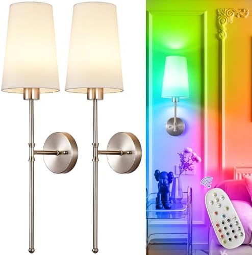 Depuley Battery Operated Wall Sconce: 27" Set of 2 Wireless Wall Lights with Remote for Bedroom - Rechargeable 15 Colors Wall Lamp for Living Room Hallway Decor - Brushed Nickel by Depuley