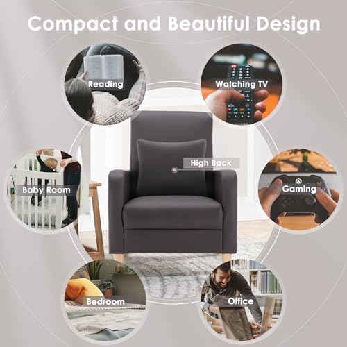 COLAMY Mid-Century Modern Accent Chair, Faux Leather Upholstered Living Room Chair with Back Pillow & Solid Wood Legs, Comfy Armchair for Living Room, Bedroom, Single Sofa, Dark Brown - Image 6