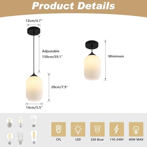 KCO 2 Pack Mini Matte Black 5.5” Ribbed Cylinder Milk Glass Pendant Lights - Image 2