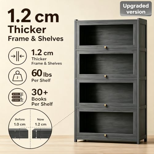 55" Bamboo Bookcases,Book Shelfs with Acrylic Doors,Freestanding Display Storage Shelves for Collectibles,4 Tier Tall Bookshelfs & Bookcases for Living Room Bedroom Home Office - Image 3