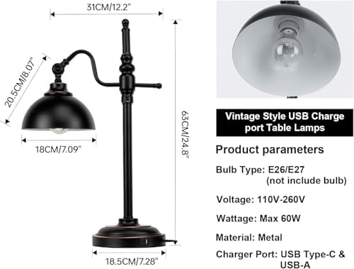 Industrial Desk Lamp - Black Metal Task Lamp with 2 USB Charging Ports,Vintage Farmhouse Style for Bedroom,Coffee,Dorm,Farmhouse Decor - Image 2