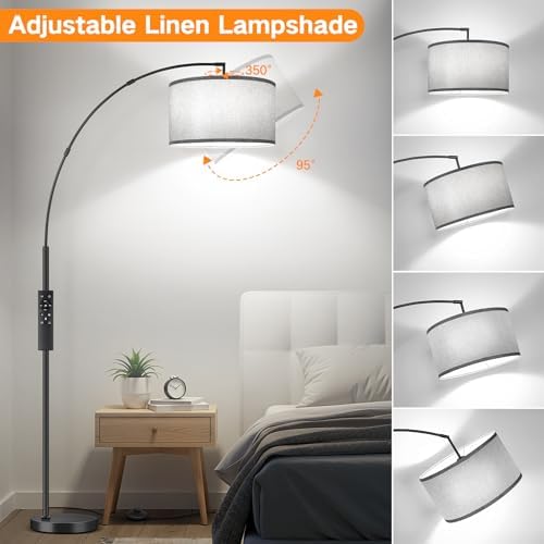 OUTON 81" Arc Floor Lamp, 12W 1080LM LED Dimmable Floor Lamp with 16" Gray Lampshade, Remote Control & Foot Switch, 4 Colour Temperatures, Tall Standing Lamp for Living Room Bedroom Office, Black - Image 4