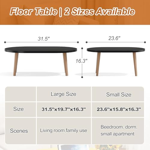 Coffee Table Low Table with Solid Wood Legs, 31.5x19.7 Large Coffee Table Side Table, Floor Table Desk for Sitting on The Floor, Living Room Furniture for Office Apartment Home, Oval Black - Image 2