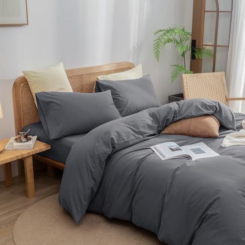 BESTOUCH Cotton Solid Duvet Cover Set Quiet Shade Grey Super Queen - Image 2