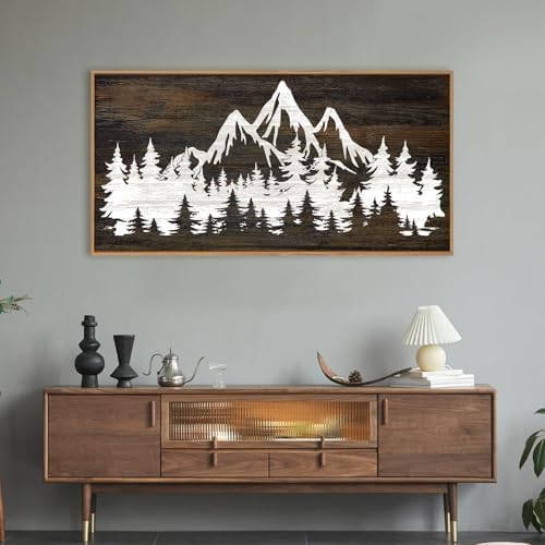 LHIUEM Large Mountain Tree Framed Canvas Wall Art,Modern White Forest Art Prints,Abstract Country Woodcut Wood Wall Decor,Farmhouse Zen Artwork for Living Room Bedroom Office-20''x40'' - Image 4