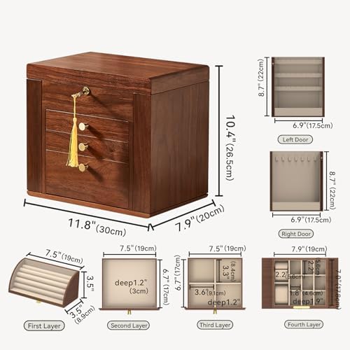 Black Walnut Wooden Jewelry Box for Women, 4 Layer - Image 4