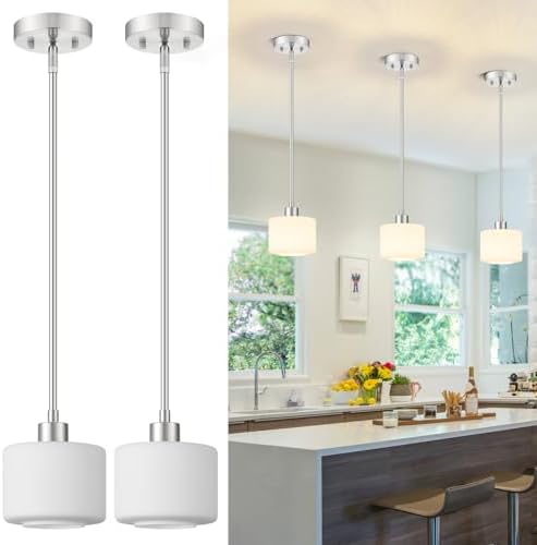 Milk Glass Pendant Lights Kitchen Island 2 Pack, Modern Brushed Nickel Hanging Light Fixtures with Rods, Mini Kitchen Pendant Lighting Over Island for Sink Bathroom, OS-YQ8153-2PBN by Osimir