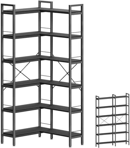 Huuger 6 Tier Bookshelf, L Shaped Corner Bookshelf with Open Shelves, 49.4 Inch Straight Wide Bookcase with Metal Frame and Wooden Board, Adjustable Feet, Black by Huuger