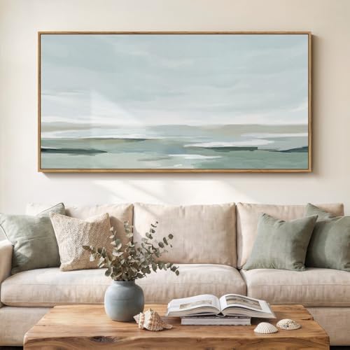 Large Framed Sage Green Abstract Wall Art for Living Room, Horizontal 60x30 by Cuspin