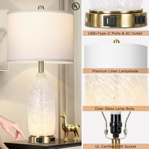 Rinweey 26" Modern Clear Glass Table Lamp Nightstand Lamp with USB A+C Ports & AC Outlet,Bedside Lamps with 3-Way Dimmable Touch Control Night Light for Bedroom Living Room,Single White - Image 7
