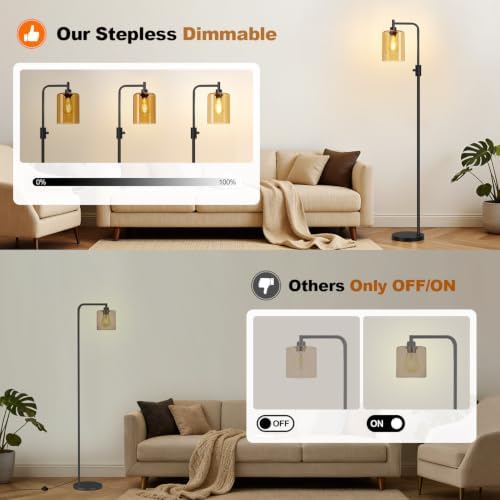 【Upgraded】 Dimmable Floor Lamp for Living Room with Amber Glass Lampshade, Black Modern Glass Floor Lamp with 900LM LED Bulb Included, Arc Standing Tall Lamp for Bedroom, Office, Reading Room, Corner - Image 3