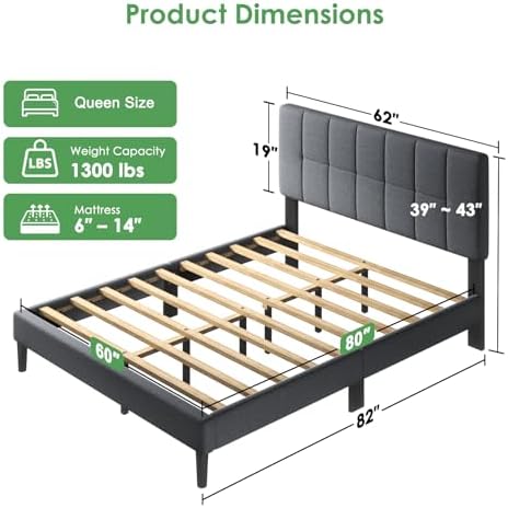 Marsail Queen Size Bed Frame - Upholstered, Adjustable Headboard,6"-12" Mattress Fit, 1300 lbs Capacity, Sturdy 12-Leg Wood Construction, Easy Assembly, Dark Gray - Image 2